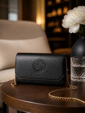 CXL By Christian LaCroix Madison Black Embossed Logo Chain Smooth Clutch
